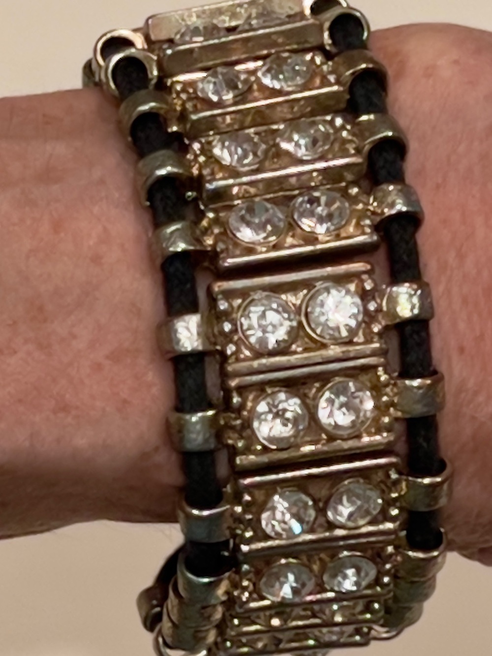 Black Cord Rhinestone Bracelet with Gold-Tone Bars 8” adjustable